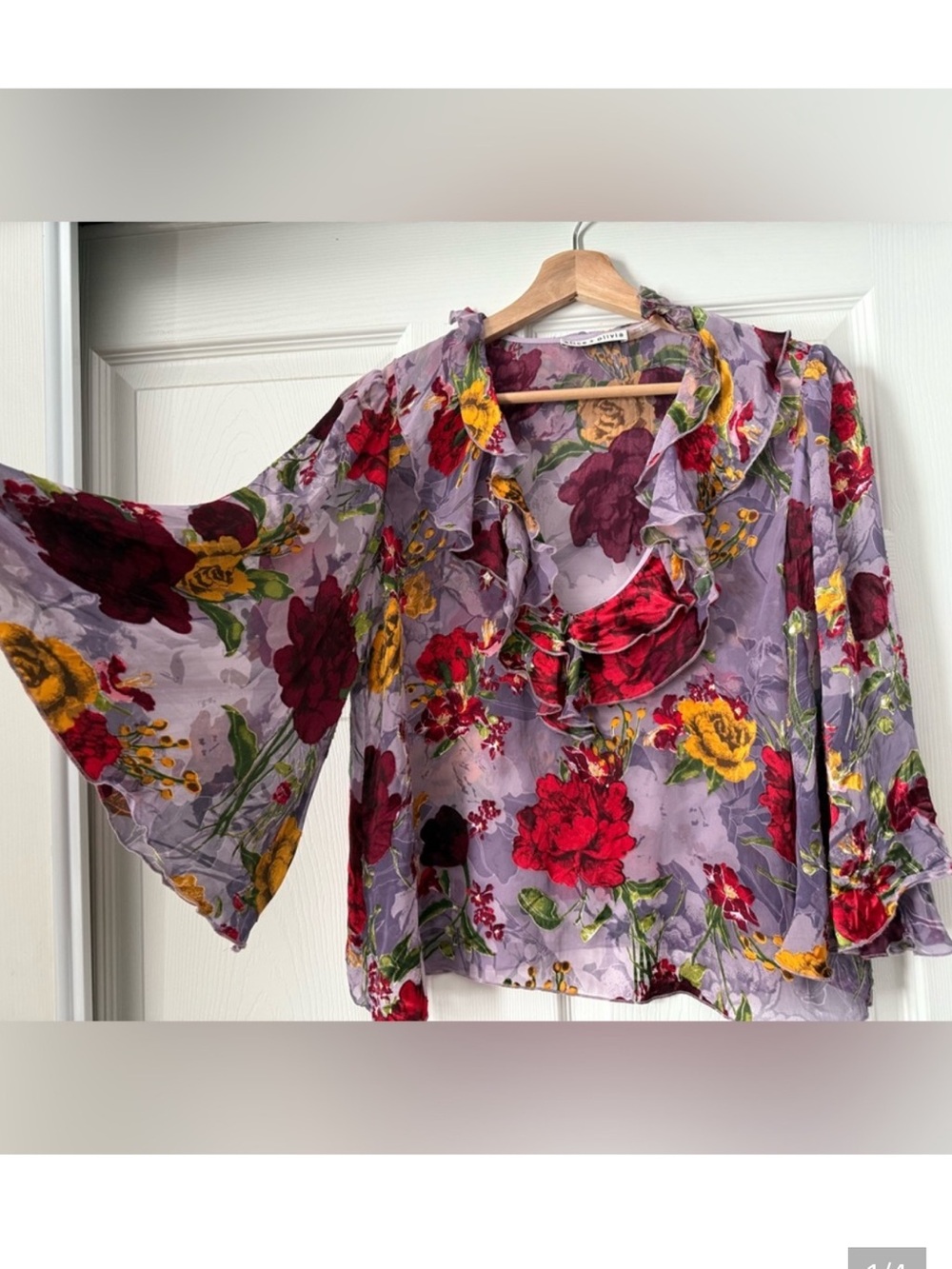 Floral Ruffle V-Neck Bell Sleeve Blouse - Lavender